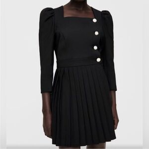 Zara Black Mini Dress with Pleated Skirt and Button Accents